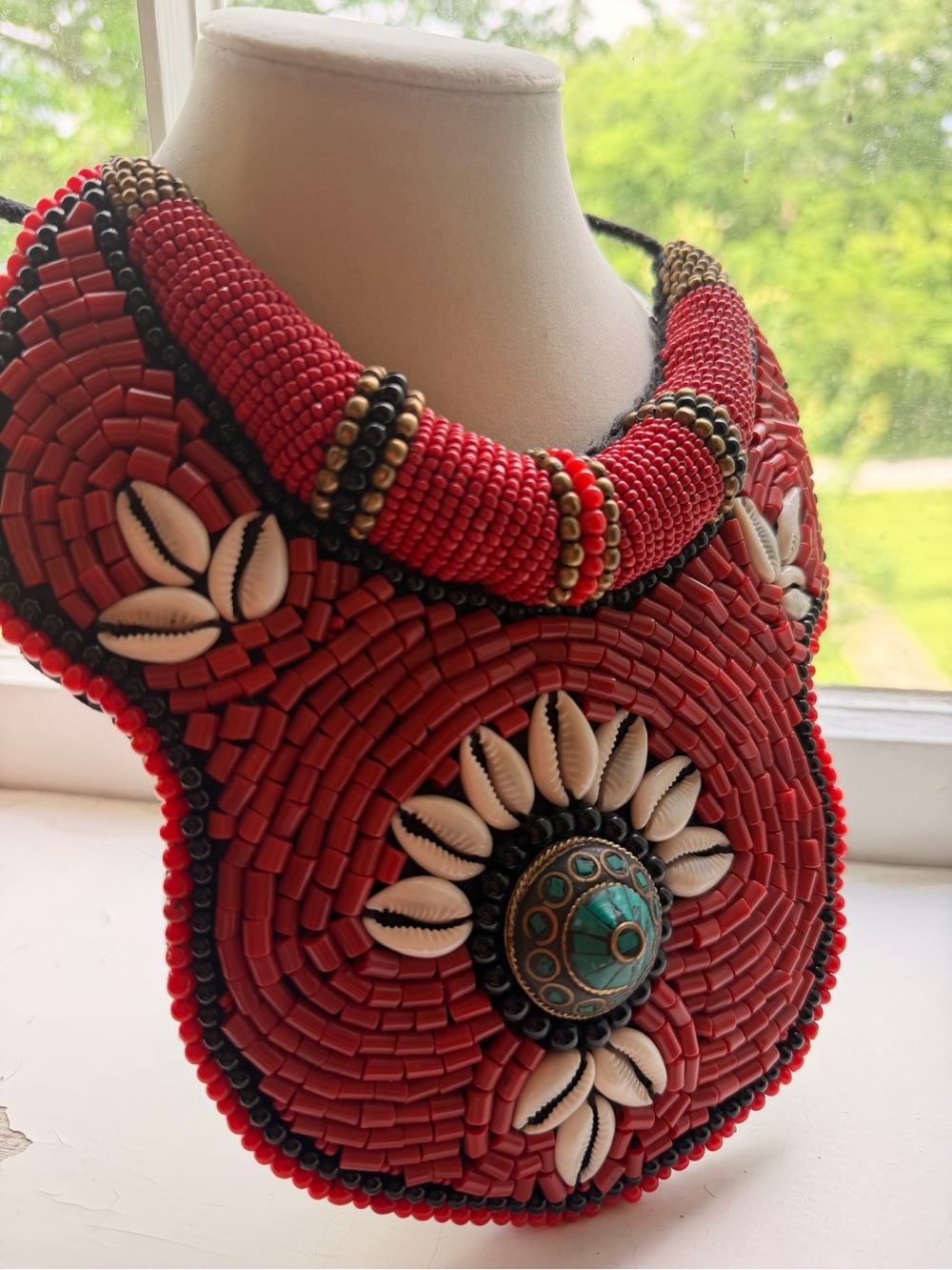 Vintage Red Beaded Statement Necklace with Turquoise Accent